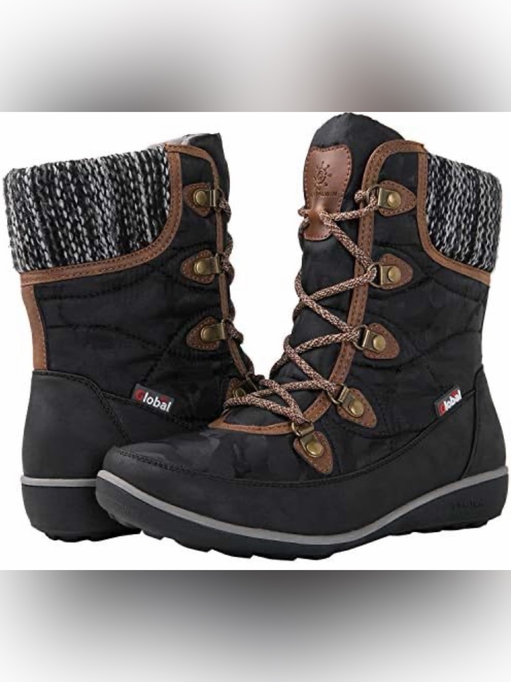 Women's Black Winter Lace-Up Boots with Brown Accents